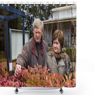 Personality  Senior Couple Admiring Plant Shower Curtains