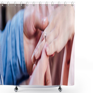 Personality  Cropped View Of Man Putting Wedding Ring On Finger Of Girlfriend, Panoramic Shot Shower Curtains