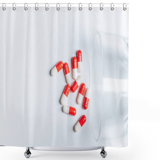 Personality  Red And White Capsules Near Overturned Glass On White Background, Suicide Prevention Concept Shower Curtains