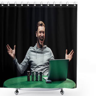 Personality  KYIV, UKRAINE - AUGUST 20, 2019: Selective Focus Of Happy Man Gesturing Near Poker Chips Near Laptop Isolated On Black  Shower Curtains