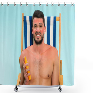 Personality  Worried Shirtless Man With Sunburn Holding Sunscreen Isolated On Blue  Shower Curtains
