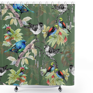Personality  Sketched Birds On Twigs Shower Curtains