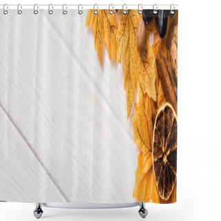 Personality  Top View Of Autumnal Decoration On White Wooden Background, Panoramic Shot Shower Curtains
