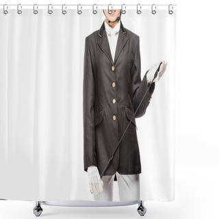 Personality  Cropped Shot Of Smiling Young Horsewoman In Uniform Holding Horseman Stick Isolated On White Shower Curtains