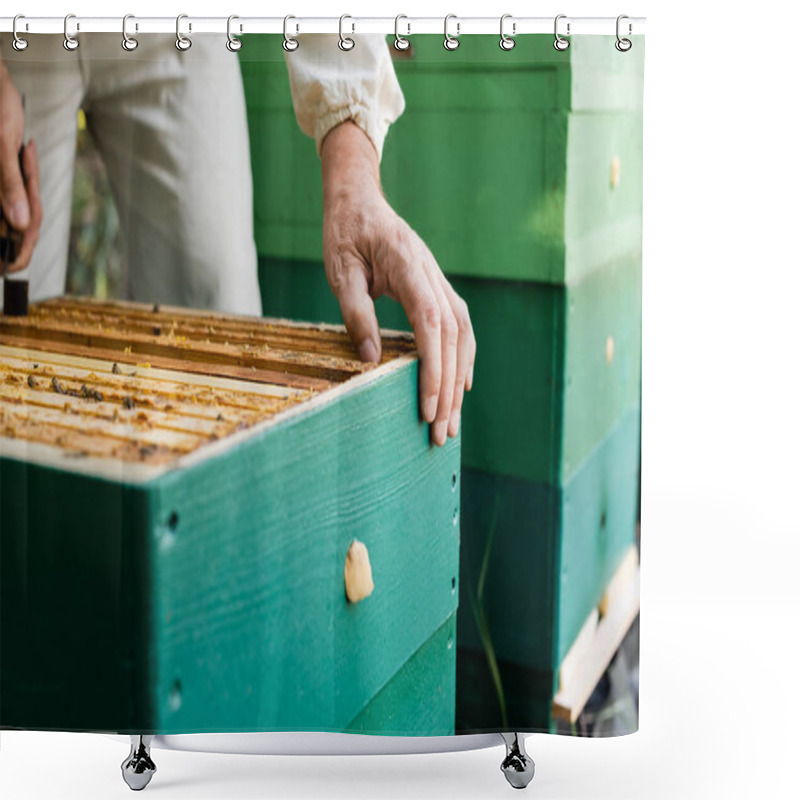 Personality  Cropped View Of Blurred Beekeeper Working Near Beehive On Apiary Shower Curtains