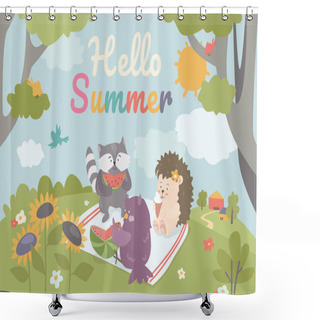 Personality  Hello Summer Concept Background. Cute Animals Greeting Summertime. Raccoon And Owl Eat Watermelon, Hedgehog Eats Ice Cream. Friends Spend Time On Picnic. Vector Illustration In Flat Cartoon Design Shower Curtains