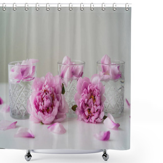 Personality  Floral Petals And Pink Peonies Near Glasses With Tonic On White Surface Isolated On Grey Shower Curtains