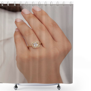 Personality  Stylish Looking Silver Ring On Female Finger. Ring For Online Sale, Shining In Well-groomed Hands Shower Curtains
