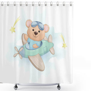 Personality  Cute Little Bear Flying On Plane. Adorable Bear Cartoon Character. Stock Vector Illustration On White Background Shower Curtains