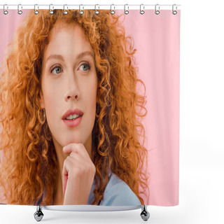 Personality  Attractive Pensive Redhead Woman Isolated On Pink Shower Curtains