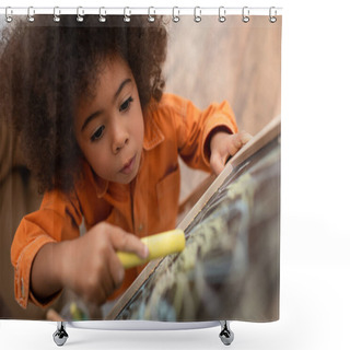 Personality  Top View Of African American Child Drawing On Blurred Chalkboard At Home  Shower Curtains