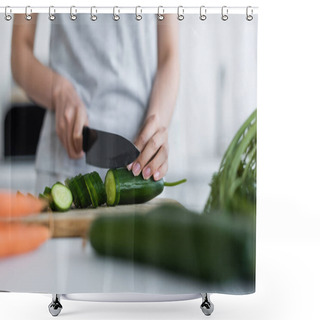 Personality  Partial View Of Woman Cutting Fresh Cucumber On Blurred Foreground Shower Curtains