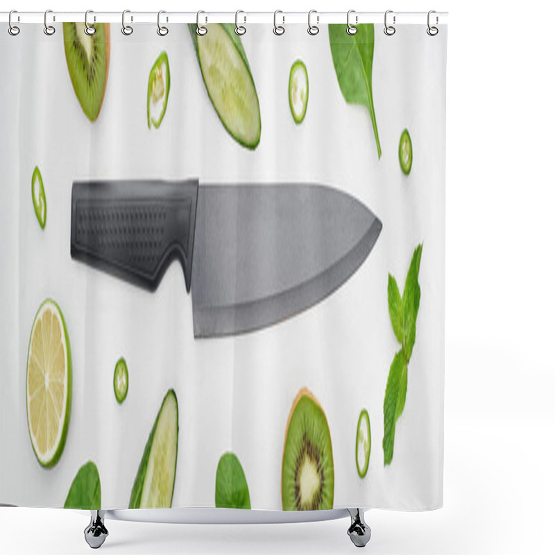 Personality  panoramic shot of knife, fresh cucumbers, kiwi, lime, peppers and greenery  shower curtains