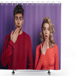 Personality  Shocked Man And Woman Looking At Camera On Purple Background Shower Curtains