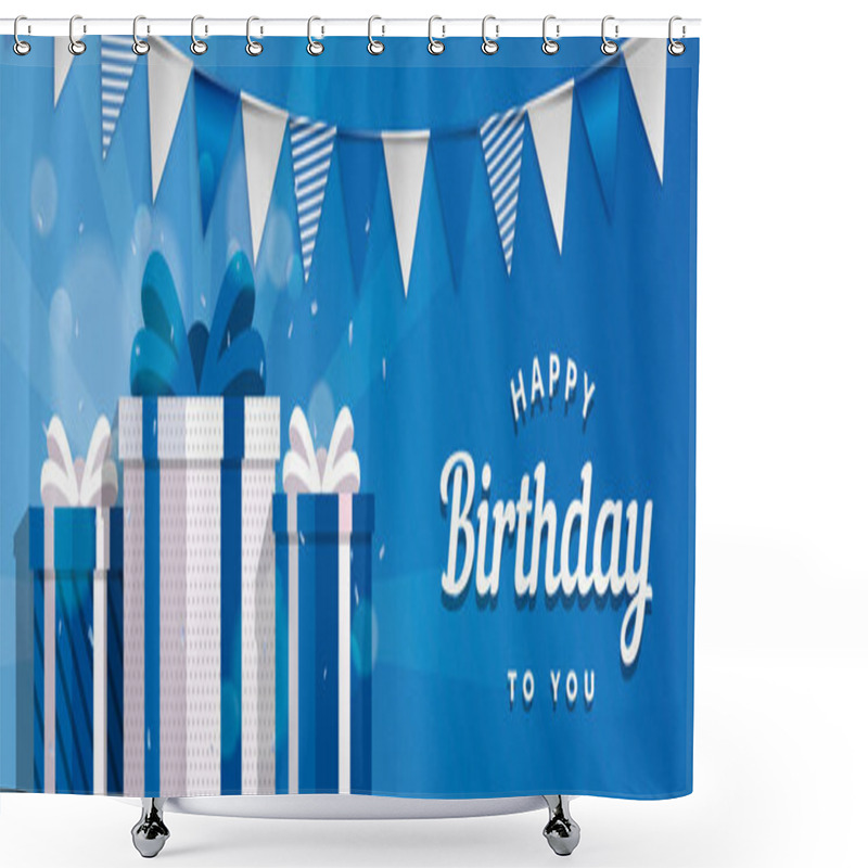 Personality  Blue birthday party banner. Gift banner. Happy birthday card with giftbox. Vector stock shower curtains