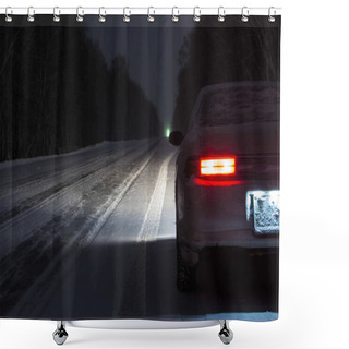 Personality  Sports Car At Night On A Winter Icy Road In The Absence Of Traff Shower Curtains