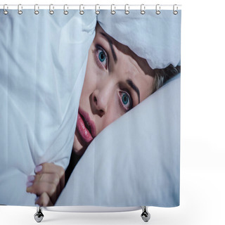 Personality  Scared Woman Hiding Behind Blanket And Looking At Camera In Bedroom At Home Shower Curtains