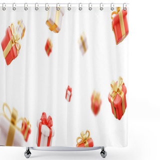 Personality  3D Illustration Of Rain Of Many White Gold And Red Gold Gifts With A White Background. Shower Curtains