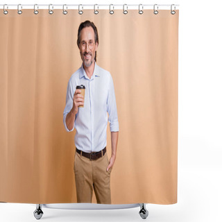 Personality  Photo Of Positive Guy Hold Takeaway Coffee Cup Hand Pocket Look Camera Wear Specs Shirt Isolated Beige Color Background Shower Curtains