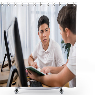 Personality  Young Serious Student Pointing On Exercise Book To Classmate Shower Curtains
