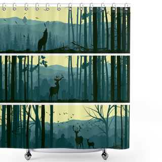 Personality  Horizontal Banners Of Wild Animals In Hills Wood. Shower Curtains