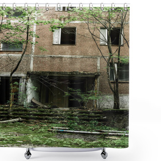 Personality  Abandoned Brown Building With Mold On Stairs Near Green Trees In Chernobyl  Shower Curtains