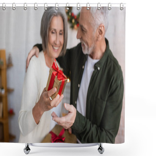 Personality  Happy Middle Aged Woman Holding Christmas Present Near Cheerful Husband  Shower Curtains