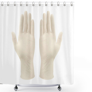 Personality  White Surgical Medical Gloves Isolated On White Background With Hands. Rubber Glove Manufacturing, Human Hand Is Wearing A Latex Glove. Doctor Or Nurse Putting On Nitrile Protective Gloves Shower Curtains
