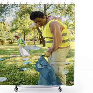 Personality  Diverse Couple In A Yellow Vest Is Holding A Blue Bag While Participating In A Park Clean-up With A Socially Active Diverse Loving Couple. Shower Curtains