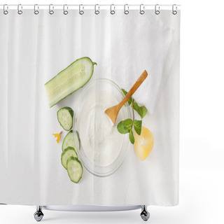 Personality  Cut Young Cucumbers And Sour Cream On A White Background Shower Curtains