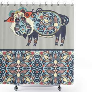 Personality  Folk Ethnic Animal - Wild Boar With Seamless Geometry Vintage Pa Shower Curtains