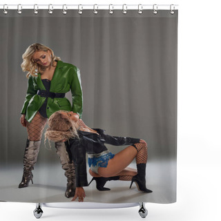 Personality  A Woman In A Green Jacket Leans Seductively Over Another Woman, Both Posing Alluringly. Shower Curtains