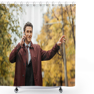 Personality  Smiling Businessman Catching Taxi And Talking On Smartphone  Shower Curtains
