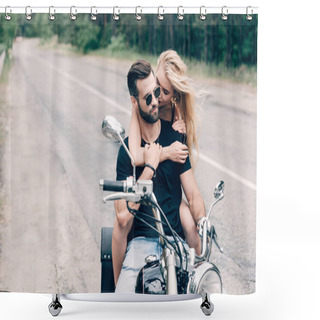 Personality  Young Tender Couple Of Bikers Hugging On Black Motorcycle On Road Near Green Forest Shower Curtains