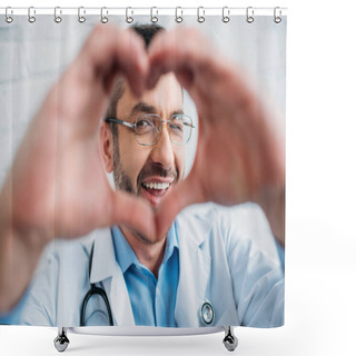 Personality  Happy Handsome Doctor Showing Heart Sign With Hands Shower Curtains