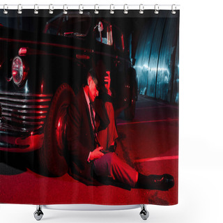 Personality  Stylish Gangster Wearing Hat While Sitting Near Retro Car  Shower Curtains