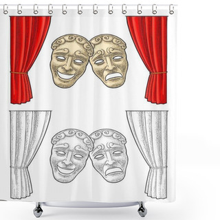 Personality  Comedy And Tragedy Theater Masks. Vector Engraving Vintage Color Illustration Shower Curtains