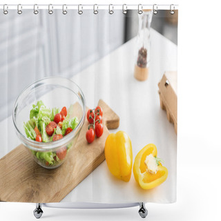 Personality  High Angle View Of Glass Bowl And Fresh Vegetables On Wooden Cutting Board Shower Curtains