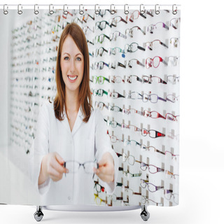 Personality  Optician Presenting Eyewear Frames Shower Curtains