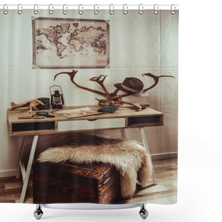 Personality  Close Up View Of Table With Map, Magnifying Glasses And Various Decorations Shower Curtains