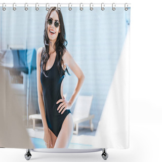 Personality  Selective Focus Of Beautiful Brunette Girl In Swimsuit And Sunglasses Smiling At Camera At Poolside   Shower Curtains
