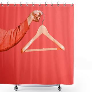 Personality  Partial View Of Woman Holding Hanger Isolated On Living Coral. Pantone Color Of The Year 2019 Concept Shower Curtains