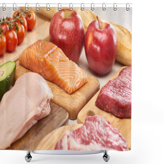 Personality  Fresh Raw Poultry, Fish, Meat, Apples, Branch Of Cherry Tomatoes, Half Of Avocado And French Baguette On Wooden Cutting Boards Shower Curtains