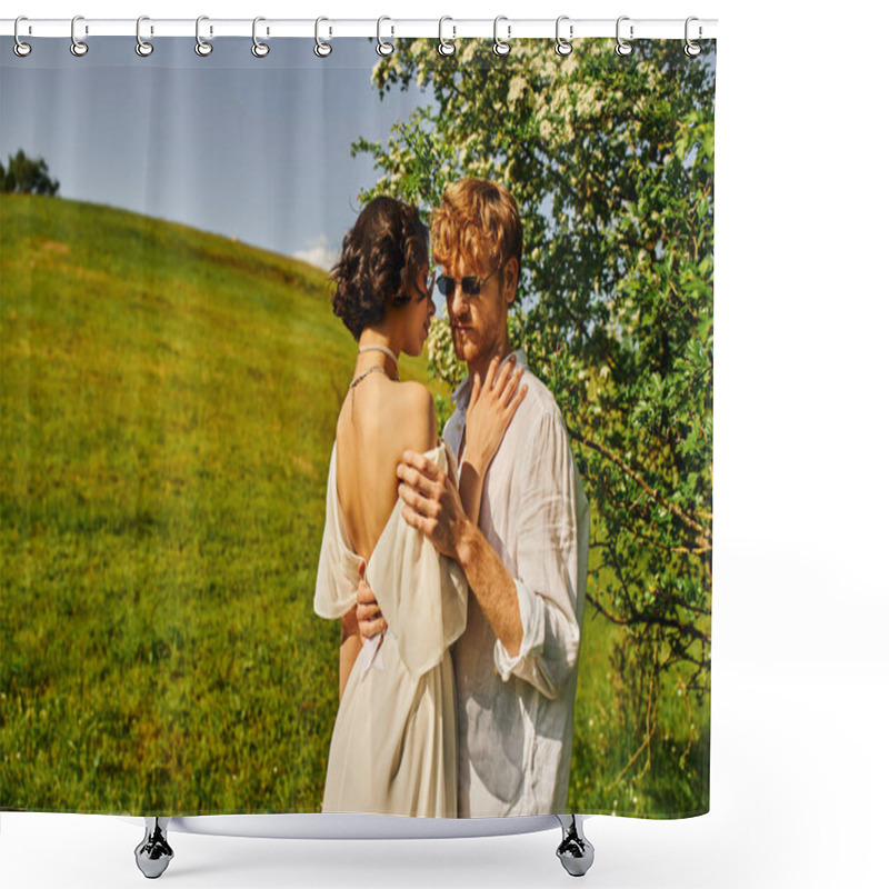 Personality  Boho Style, Happy Multiethnic Newlyweds In Sunglasses And Wedding Gown Hugging In Countryside Shower Curtains