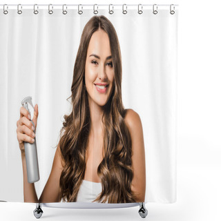 Personality  Beautiful Girl Holding Spray Bottle, Looking At Camera And Smiling Isolated On White Shower Curtains