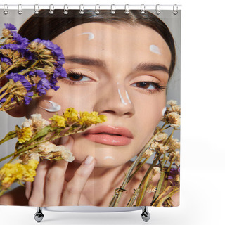 Personality  A Brunette Woman Gracefully Holds Flowers In Front Of Her Face, Showcasing Femininity And Natures Beauty. Shower Curtains