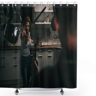 Personality  Selective Focus Of Female Demon With Levitating Cookware And Exorcist With Cross In Kitchen Shower Curtains