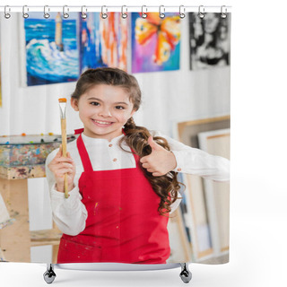 Personality  Kid Showing Thumb Up And Holding Painting Brush In Workshop Of Art School Shower Curtains