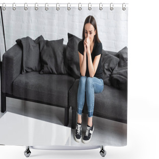 Personality  Pretty Young Woman Suffering From Depression While Sitting On Couch At Home And Holding Hands Near Face Shower Curtains