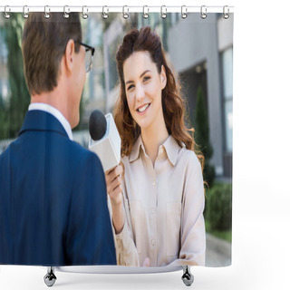 Personality  Smiling Anchorwoman With Microphone Interviewing Professional Businessman Shower Curtains